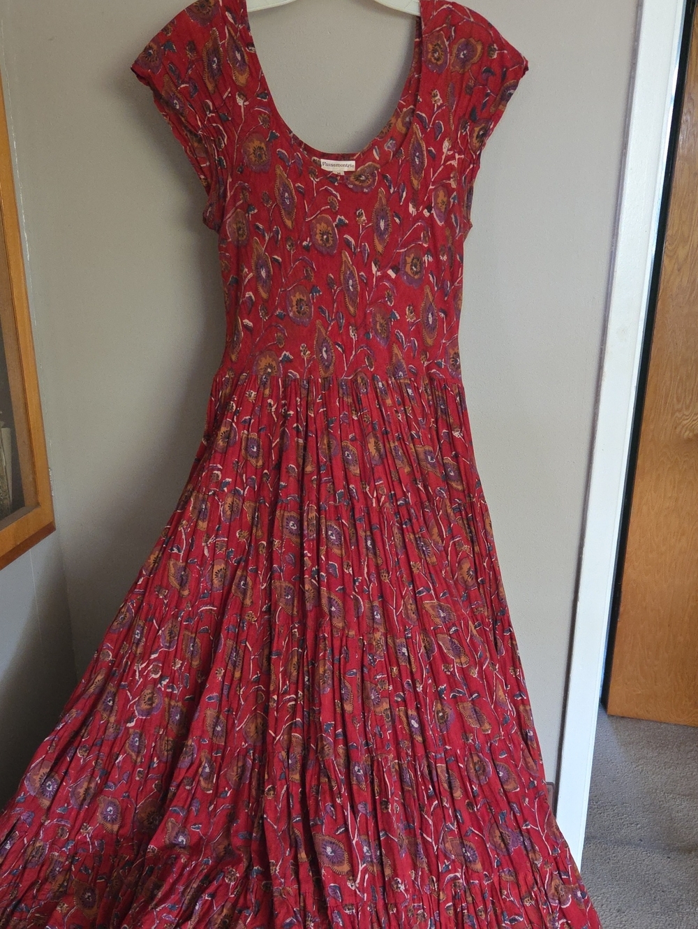 Red Floral Pleated Maxi Dress with Scoop Neck
